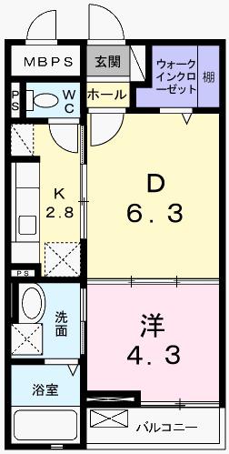 フィレール デュ トラジャVII(1DK/2階)の間取り写真