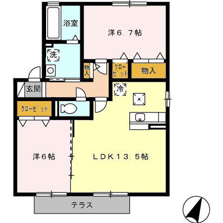 ドエル古賀 B棟(2LDK/1階)の間取り写真