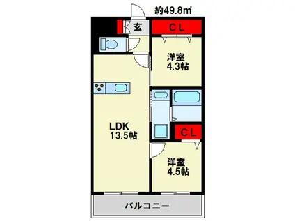 フローリィ279(2LDK/9階)の間取り写真
