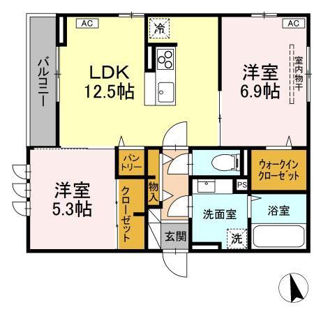DーROOM六十人町 B(2LDK/2階)の間取り写真