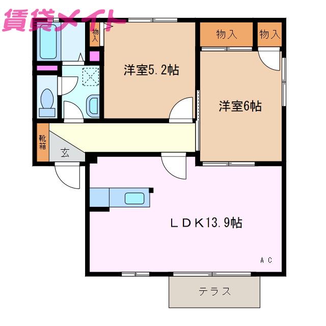 ビレッジ石塚 B棟(2LDK/1階)の間取り写真