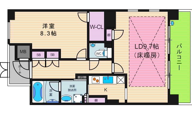 ロイヤルパークス桃坂(1LDK/9階)の間取り写真