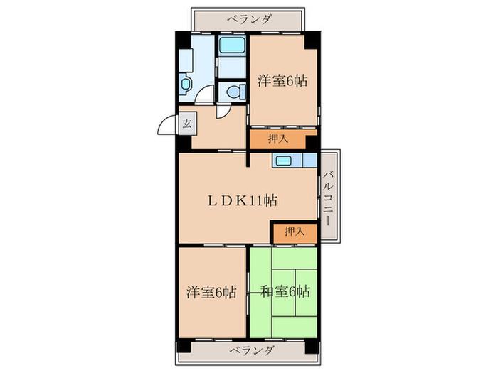 ゆとりーとライン 川宮駅 徒歩3分 4階建 築32年(3LDK/2階)の間取り写真