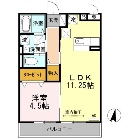 ソレイユ富任B棟(1LDK/1階)の間取り写真