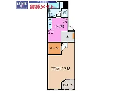 藤ヴァレイII(1DK/3階)の間取り写真