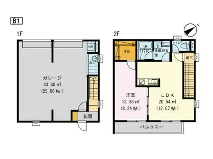 グランディールB棟(1LDK/1階)の間取り写真