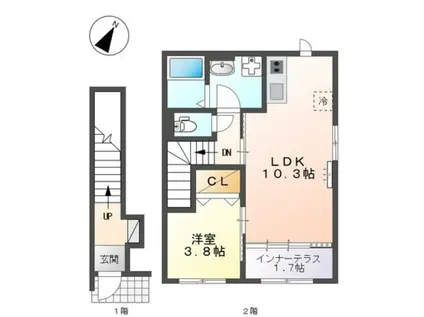 宮前区有馬8丁目アパート(1LDK/2階)の間取り写真