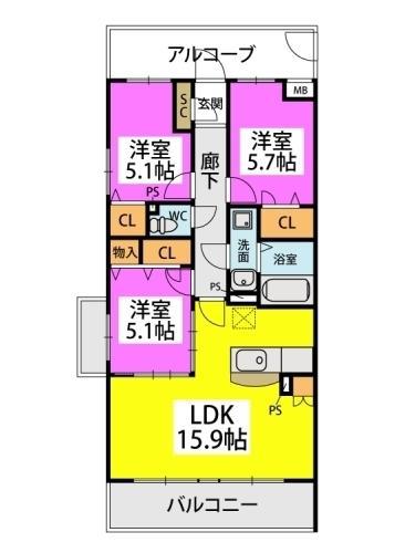 グレースヴィラ西国分(3LDK/5階)の間取り写真
