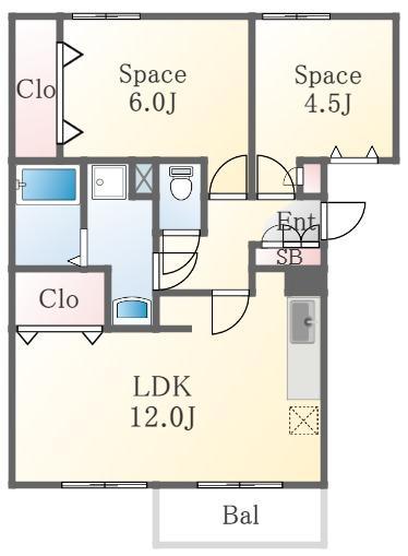 ポレール伊川(2LDK/2階)の間取り写真