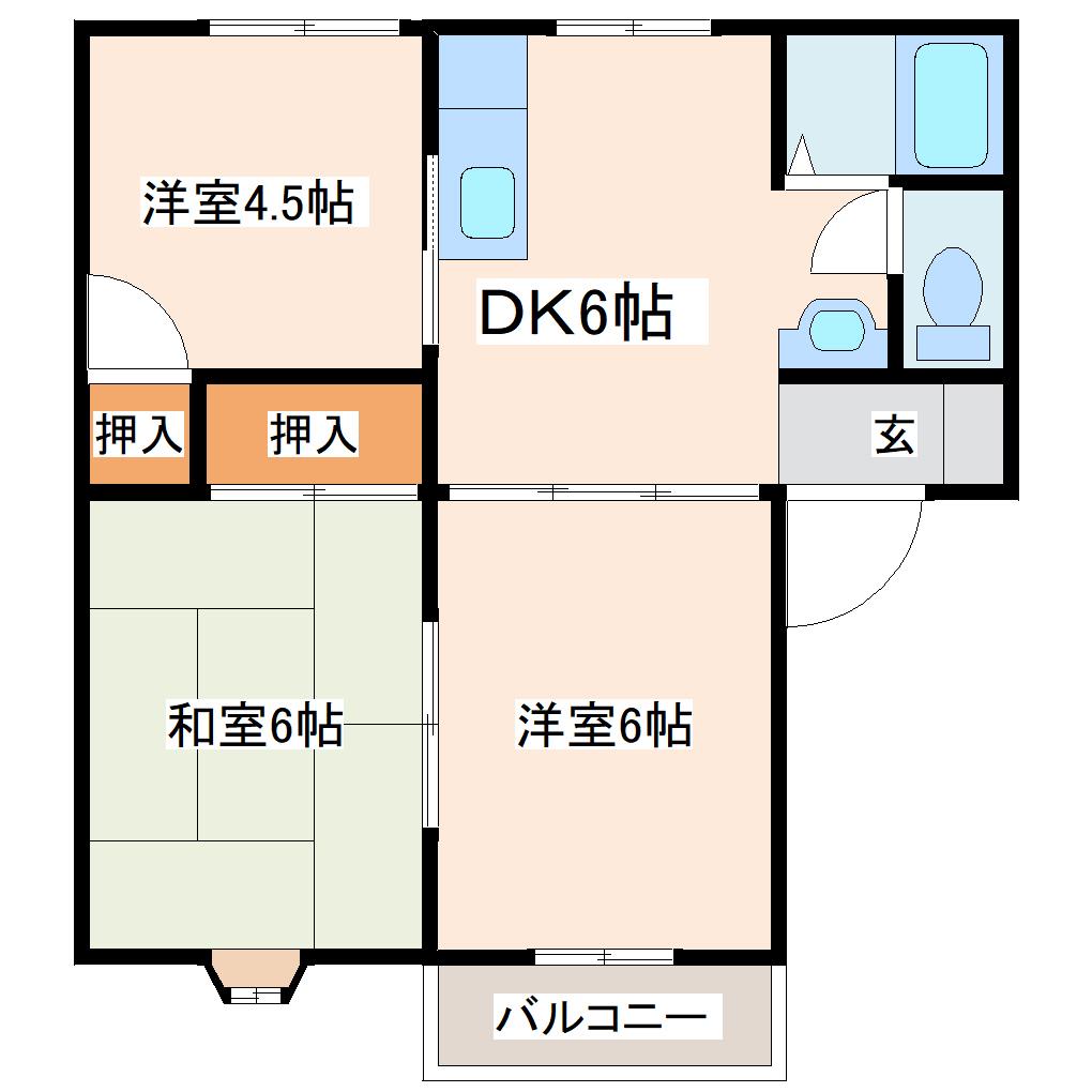 ハートタウンKATO B棟(3DK/1階)の間取り写真