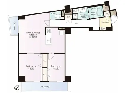 ラフィネ大崎(2LDK/12階)の間取り写真