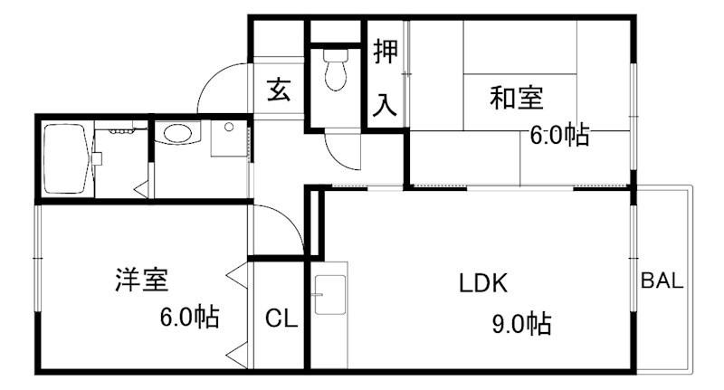 モノクローム古城(2LDK/1階)の間取り写真