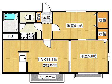 メゾン・フォンテーヌ C棟(2LDK/2階)の間取り写真