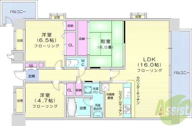 ライオンズマンション北六番丁(3LDK/7階)の間取り写真