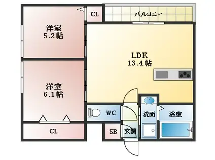 ステラウッド軽里(2LDK/1階)の間取り写真