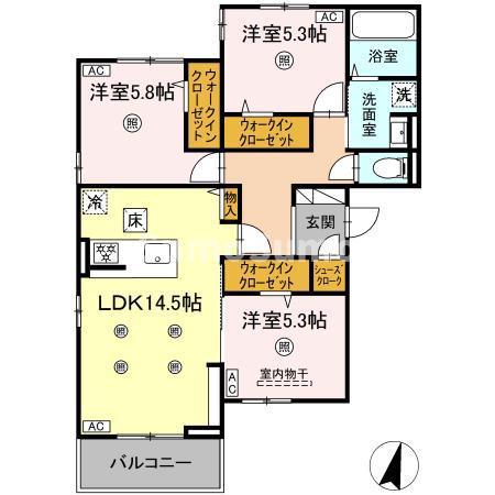 DーROOM美野島(3LDK/1階)の間取り写真