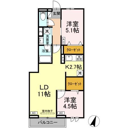 セレスティア中央 II(2LDK/2階)の間取り写真