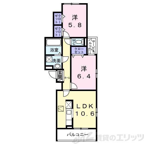 ユニゾン安満 B棟(2LDK/1階)の間取り写真