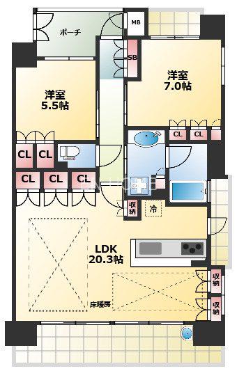 ドゥーシェ天王寺烏ヶ辻(2LDK/12階)の間取り写真