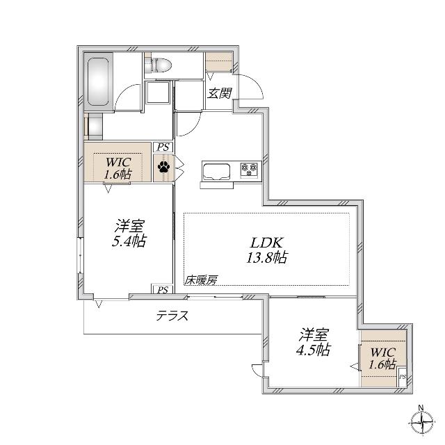 オカバ八王子堀之内ヘーベルメゾン(2LDK/1階)の間取り写真