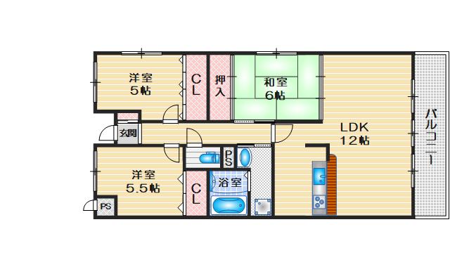 フレール江坂(3LDK/2階)の間取り写真