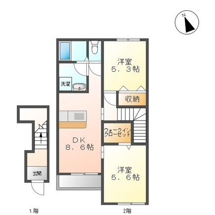 静かで落ち着いた住環境が魅力(2DK/2階)の間取り写真