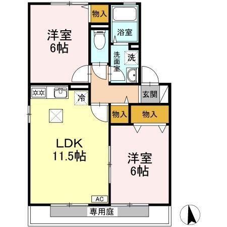 ALAMODEB棟(2LDK/1階)の間取り写真