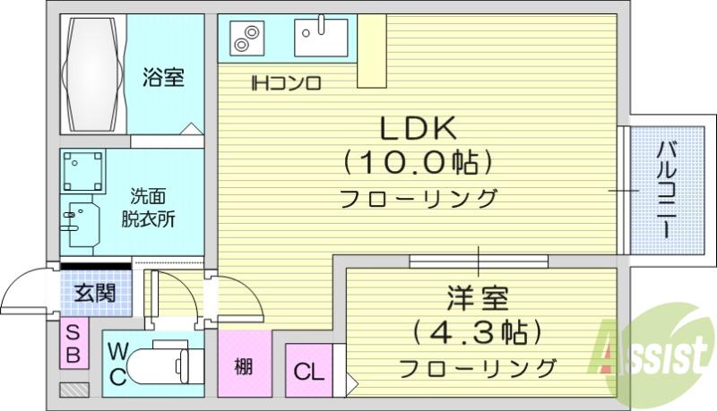 アスコット八木山弥生町(1LDK/1階)の間取り写真