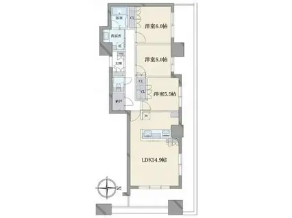 上本町ヒルズマーク(3LDK/27階)の間取り写真