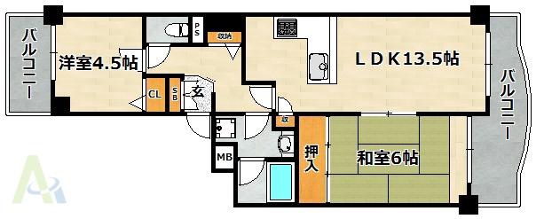高取台ロイヤルマンション(2LDK/9階)の間取り写真