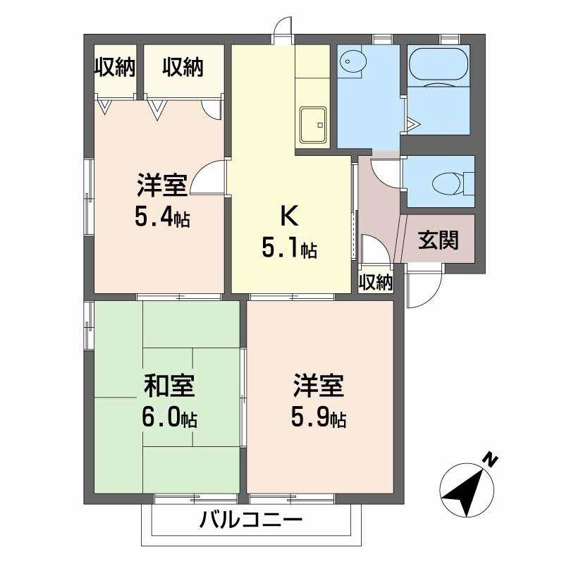 サンセントラルD棟(3K/2階)の間取り写真