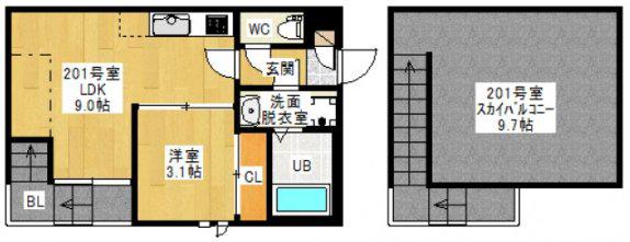 GRANDTIC 五日市HARU(1LDK/2階)の間取り写真