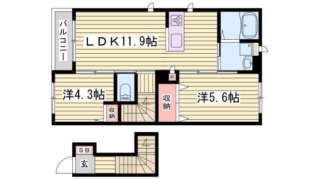 カーサグラスオエステB(2LDK/2階)の間取り写真