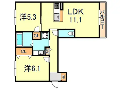 ワン ウェーブ 霞ヶ丘(2LDK/1階)の間取り写真