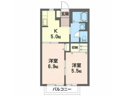 グリーンハイツ浜尾B棟(2K/1階)の間取り写真