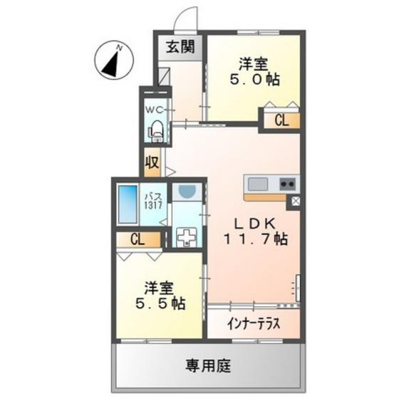 カーサ牛田本町(2LDK/1階)の間取り写真