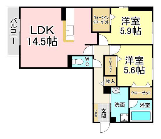 ＪＲ筑豊本線 二島駅 徒歩19分 2階建 築1年(2LDK/2階)の間取り写真