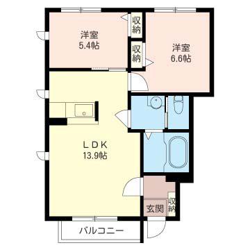 ニューサンA(2LDK/1階)の間取り写真