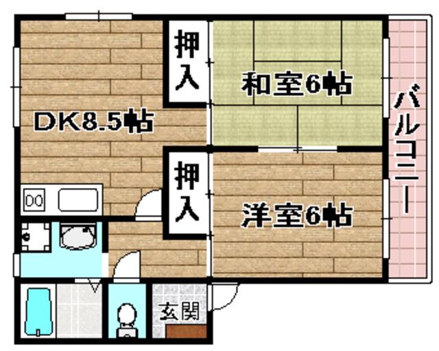 郡家シャトルマンション 1号棟(2LDK/1階)の間取り写真