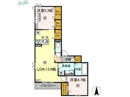 プレミール北長瀬(2LDK/3階)の間取り写真