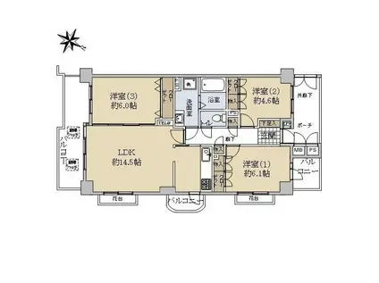 宮崎台南シティハウス(3LDK/4階)の間取り写真