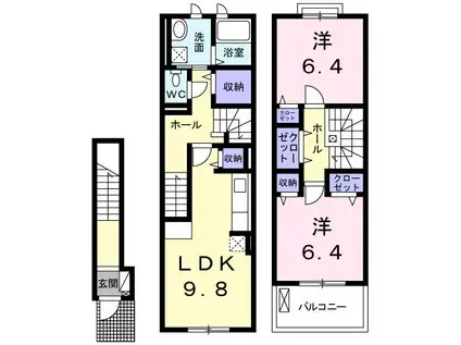 ラ・ポルト LA PORTE(2LDK/2階)の間取り写真