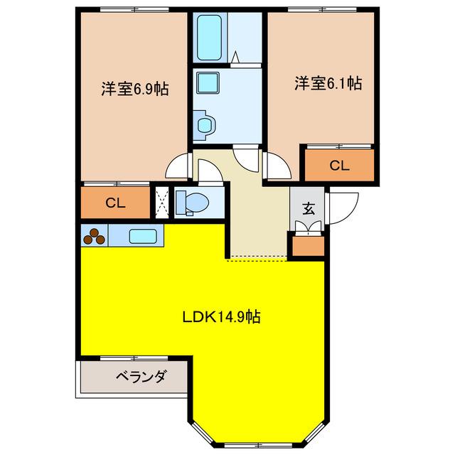 ヴィラ ルミナスC(2LDK/2階)の間取り写真