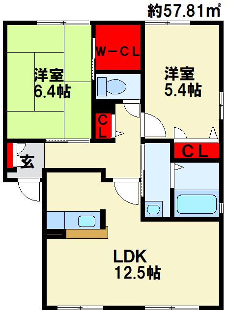 ハーティストN G棟(2LDK/1階)の間取り写真