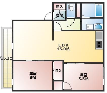 サンサリーレ藤崎B棟(2LDK/2階)の間取り写真