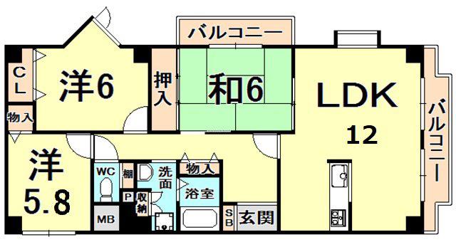 バッハレジデンス西宮上ヶ原(3LDK/2階)の間取り写真