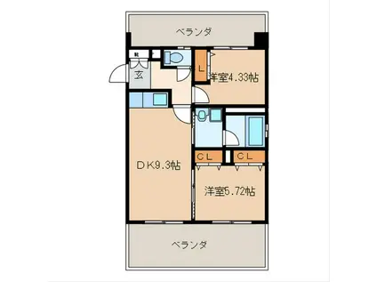 ウエストフルハウス(2DK/9階)の間取り写真