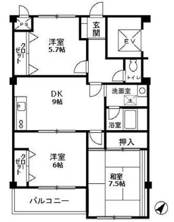 ベルメゾン(3DK/6階)の間取り写真