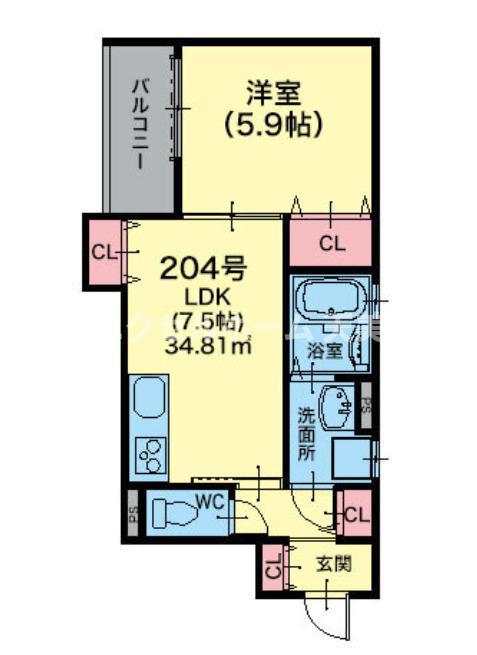 クリエオーレ照ケ丘II(1LDK/2階)の間取り写真