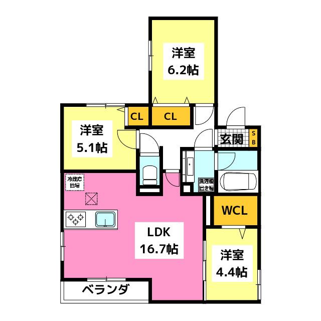 トリシア長丘(3LDK/3階)の間取り写真